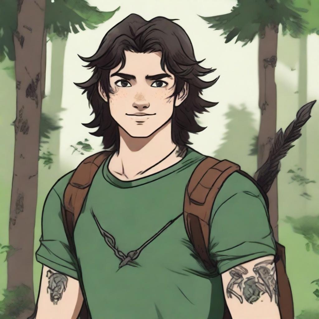 A 19-year-old human male ranger in the woods, with dark brown mid-length messy hair and green eyes