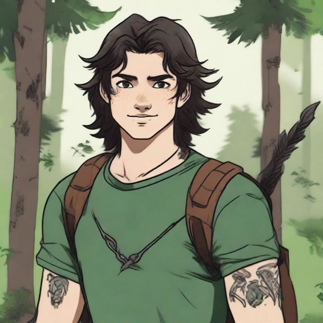 A 19-year-old human male ranger in the woods, with dark brown mid-length messy hair and green eyes