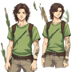 A 19-year-old human male ranger in the woods, with dark brown mid-length messy hair and green eyes