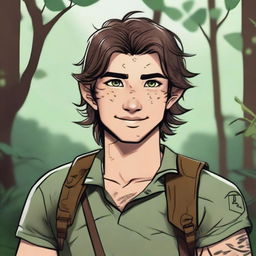 A 19-year-old human male ranger in the woods, with dark brown mid-length messy hair and green eyes