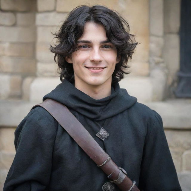 An 18-year-old boy with a pointed nose, wavy black hair covering his neck, black eyes, an evil mischievous smile and a straight scar on his lip. Dressed in medieval adventure attire with an iron arm, he carries a magician's staff and a sword is strapped to his back.