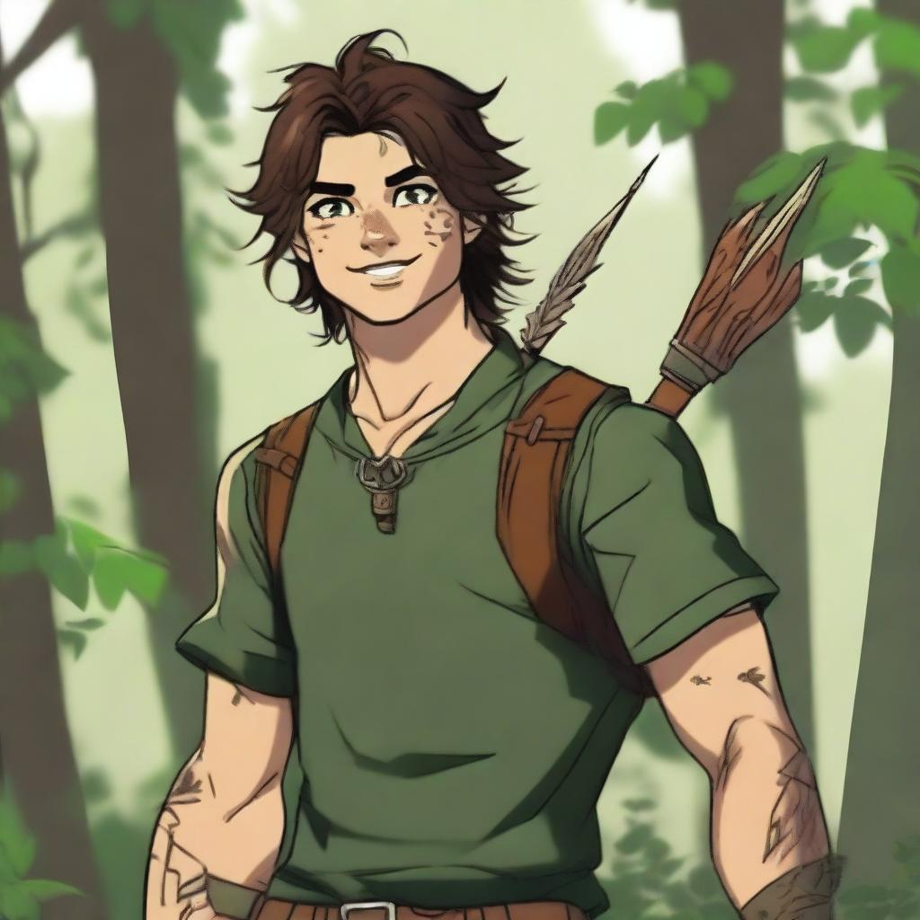 A 19-year-old human male ranger in the woods, with dark brown mid-length messy hair and green eyes