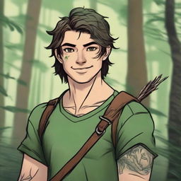 A 19-year-old human male ranger in the woods, with dark brown mid-length messy hair and green eyes