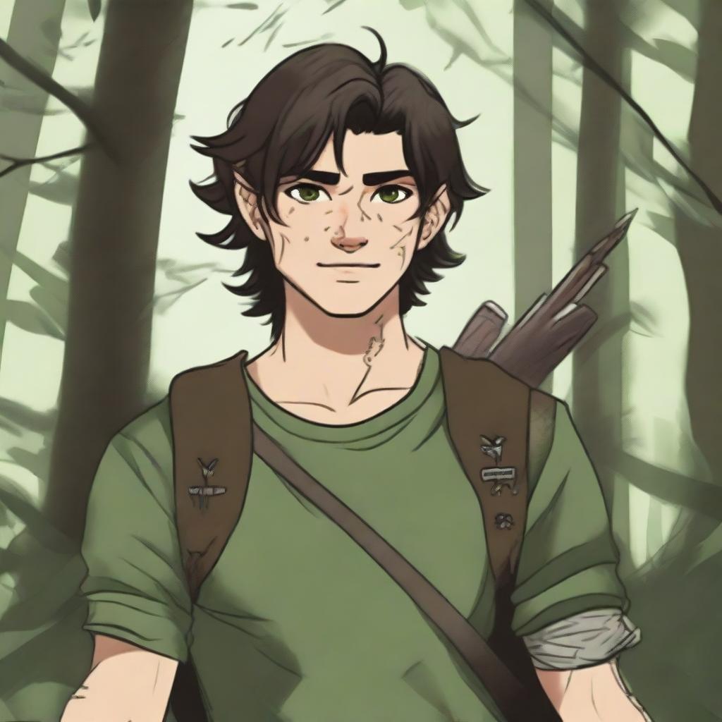 A 19-year-old human male ranger in the woods, with dark brown mid-length messy hair and green eyes