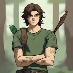 A 19-year-old human male ranger in the woods, with dark brown mid-length messy hair and green eyes