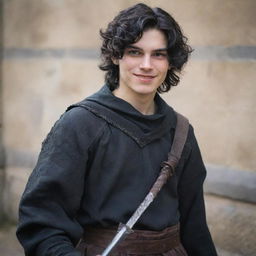 An 18-year-old boy with a pointed nose, wavy black hair covering his neck, black eyes, an evil mischievous smile and a straight scar on his lip. Dressed in medieval adventure attire with an iron arm, he carries a magician's staff and a sword is strapped to his back.