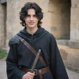 An 18-year-old boy with a pointed nose, wavy black hair covering his neck, black eyes, an evil mischievous smile and a straight scar on his lip. Dressed in medieval adventure attire with an iron arm, he carries a magician's staff and a sword is strapped to his back.