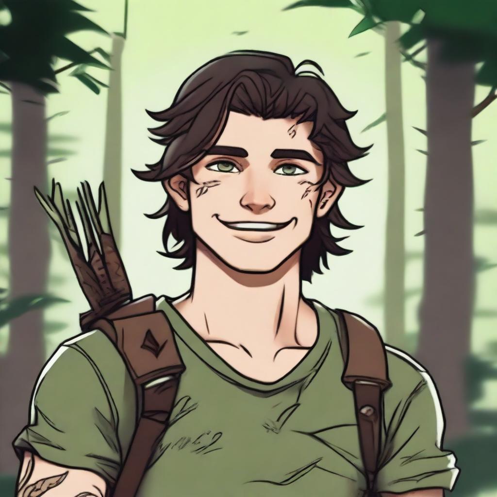 A 19-year-old human male ranger in the woods, with dark brown mid-length messy hair and green eyes