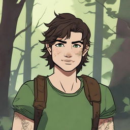 A 19-year-old human male ranger in the woods, with dark brown mid-length messy hair and green eyes