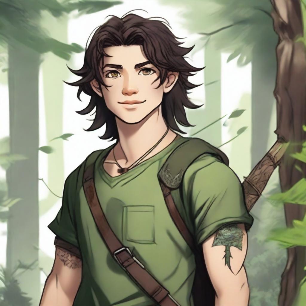 A 19-year-old human male ranger in the woods, with dark brown mid-length messy hair and green eyes