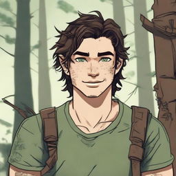 A 19-year-old human male ranger in the woods, with dark brown mid-length messy hair and green eyes