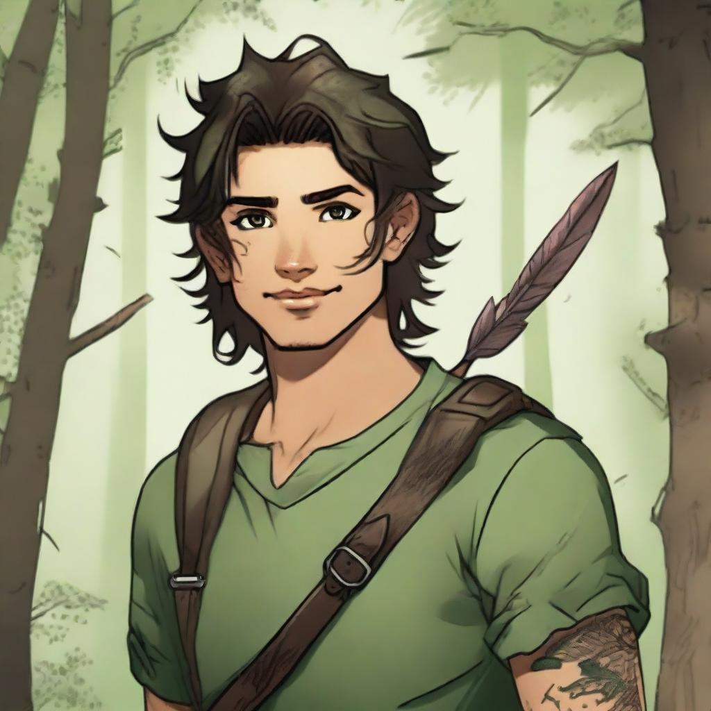 A 19-year-old human male ranger in the woods, with dark brown mid-length messy hair and bright green eyes