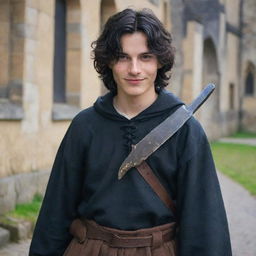 An 18-year-old boy with a pointed nose, wavy black hair covering his neck, black eyes, an evil mischievous smile and a straight scar on his lip. Dressed in medieval adventure attire with an iron arm, he carries a magician's staff and a sword is strapped to his back.