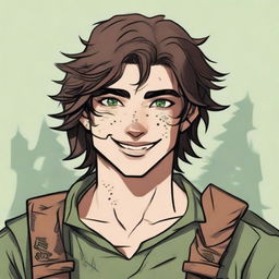 A 19-year-old human male ranger in the woods, with dark brown mid-length messy hair and bright green eyes