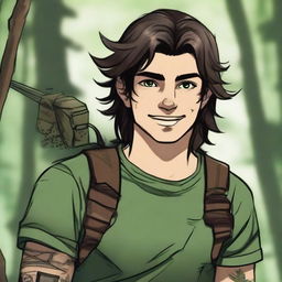 A 19-year-old human male ranger in the woods, with dark brown mid-length messy hair and bright green eyes