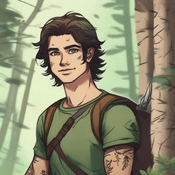 A 19-year-old human male ranger in the woods, with dark brown mid-length messy hair and bright green eyes