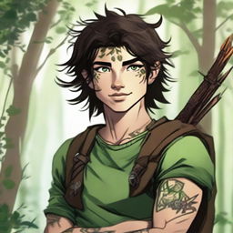 A 19-year-old human male ranger in the woods, with dark brown mid-length messy hair and bright green eyes