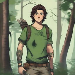 A 19-year-old human male ranger in the woods, with dark brown mid-length messy hair and bright green eyes