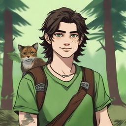 A 19-year-old human male ranger in the woods, with dark brown mid-length messy hair and bright green eyes