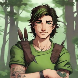 A 19-year-old human male ranger in the woods, with dark brown mid-length messy hair and bright green eyes