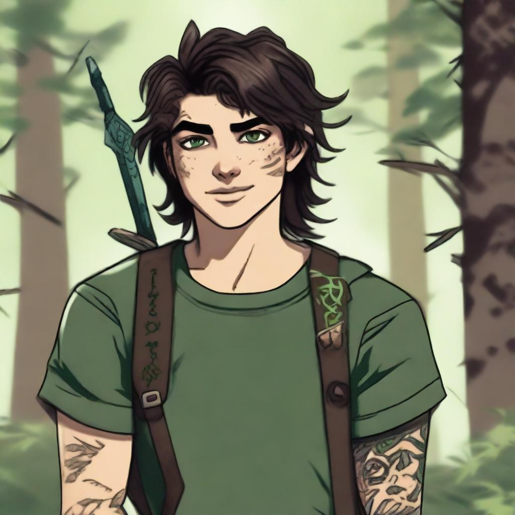 A 19-year-old human male ranger in the woods, with dark brown mid-length messy hair and bright green eyes