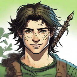 A 19-year-old human male ranger in the woods, with dark brown mid-length messy hair and bright green eyes