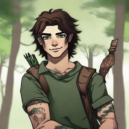 A 19-year-old human male ranger in the woods, with dark brown mid-length messy hair and bright green eyes