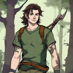 A 19-year-old human male ranger in the woods, with dark brown mid-length messy hair and bright green eyes