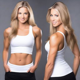 Create an image of a beautiful, young, and muscular woman with long blonde hair and a perfect face