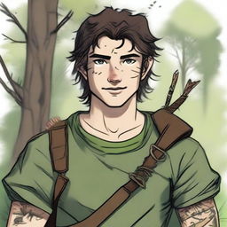 A 19-year-old human male ranger in the woods, with dark brown mid to short length messy hair and bright green eyes