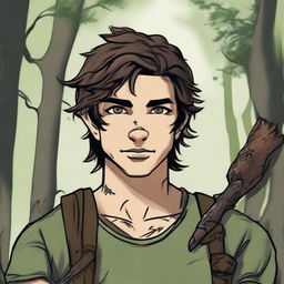 A 19-year-old human male ranger in the woods, with dark brown mid to short length messy hair and bright green eyes