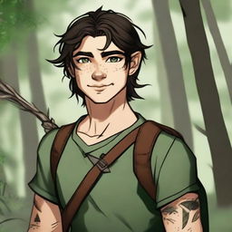 A 19-year-old human male ranger in the woods, with dark brown mid to short length messy hair and bright green eyes