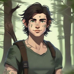 A 19-year-old human male ranger in the woods, with dark brown mid to short length messy hair and bright green eyes