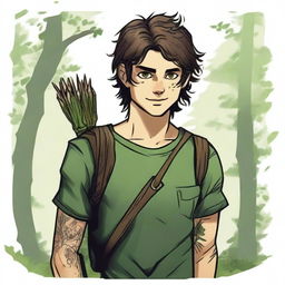 A 19-year-old human male ranger in the woods, with dark brown mid to short length messy hair and bright green eyes