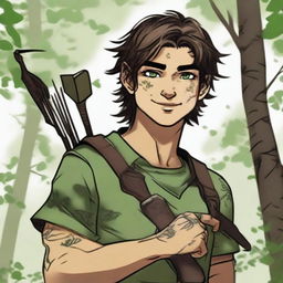 A 19-year-old human male ranger in the woods, with dark brown mid to short length messy hair and bright green eyes