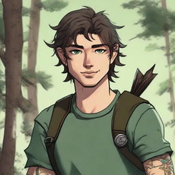 A 19-year-old human male ranger in the woods, with dark brown mid to short length messy hair and bright green eyes