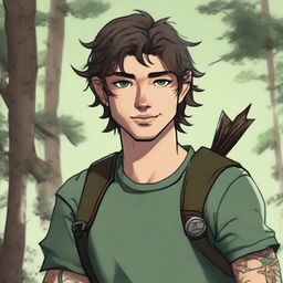 A 19-year-old human male ranger in the woods, with dark brown mid to short length messy hair and bright green eyes