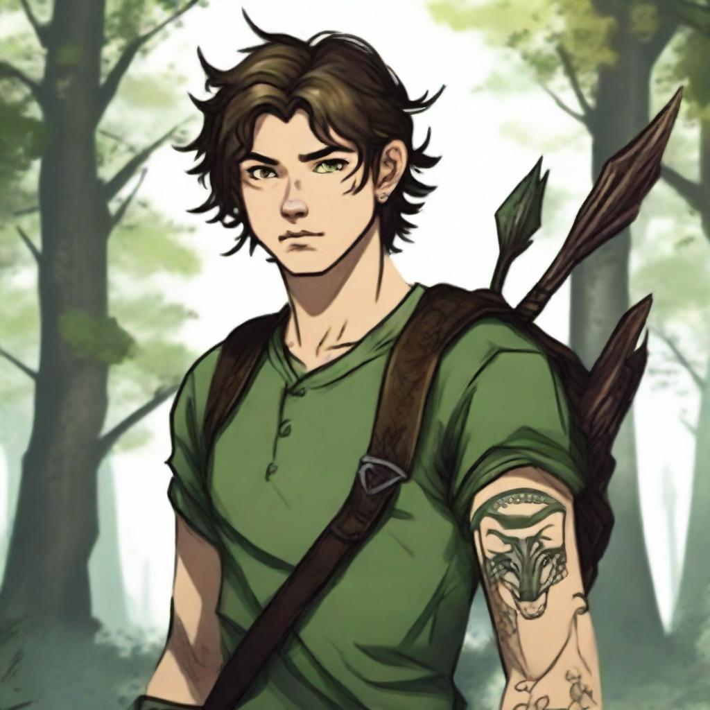 A 19-year-old human male ranger in the woods, with dark brown mid to short length messy hair and bright green eyes