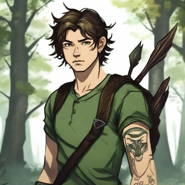 A 19-year-old human male ranger in the woods, with dark brown mid to short length messy hair and bright green eyes