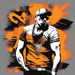 Create an image of a man wearing a t-shirt with a design featuring a graffiti-style portrait of a gangster character