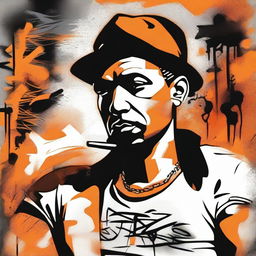 Create an image of a man wearing a t-shirt with a design featuring a graffiti-style portrait of a gangster character