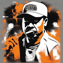 Create an image of a man wearing a t-shirt with a design featuring a graffiti-style portrait of a gangster character