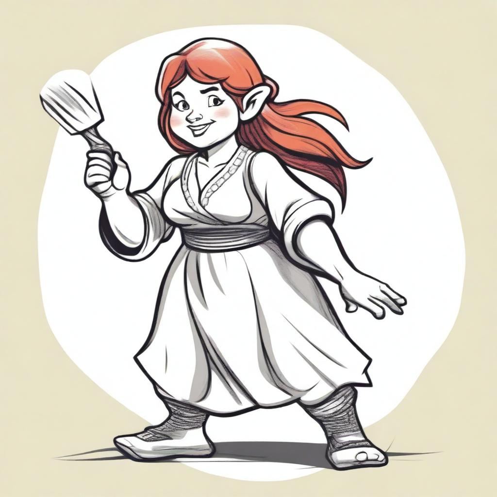 An ancient sketch style illustration of a female gnome druid baker in a fighting stance