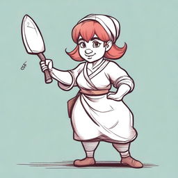 An ancient sketch style illustration of a female gnome druid baker in a fighting stance