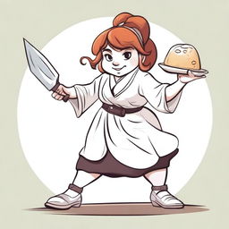 An ancient sketch style illustration of a female gnome druid baker in a fighting stance