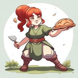 A detailed illustration of a female gnome druid baker in a fighting stance