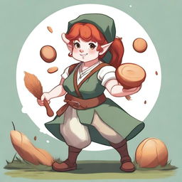 A detailed illustration of a female gnome druid baker in a fighting stance