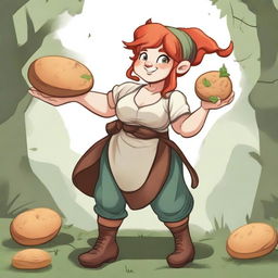 A detailed illustration of a female gnome druid baker in a fighting stance