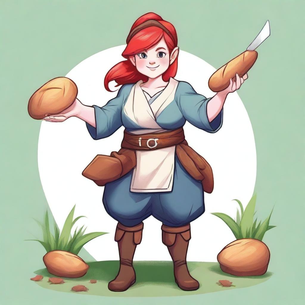 A detailed illustration of a female gnome druid baker in a fighting stance