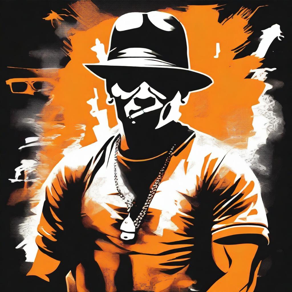 Create an image of a man wearing a t-shirt with a design featuring a portrait of a gangster character